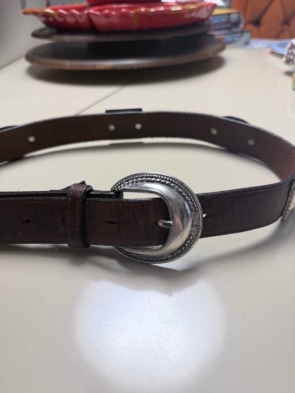 Vintage Brighton Brown Leather Concho Belt Size 32 Silver Western USA
